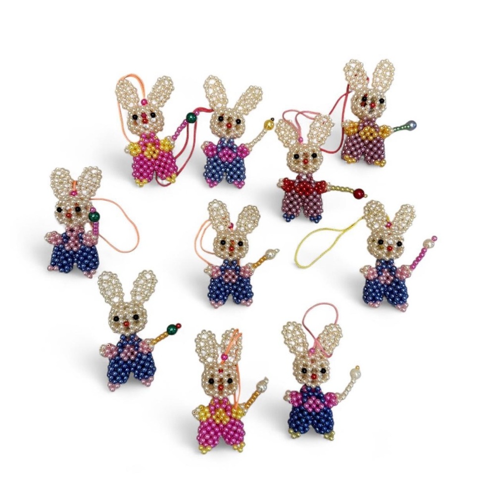 Set of 10 Handmade Beaded Bunny Ornaments – Purple Mix